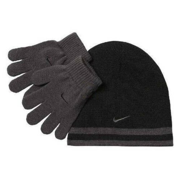 Boys Nike Winter Hat & Gloves Set 8-20 Swoosh Logo Reversible Black Gray Beanie - Picture 1 of 5